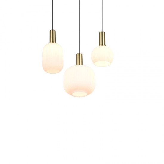 77373-049 Black & Matt Brass 3 Light Cluster Pendant with Ribbed White Glass