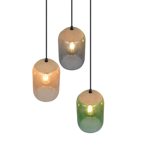 77355-049 Black 3 Light Cluster Pendant with Multicolour Glass & Cork