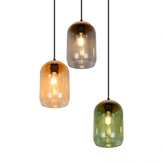 77355-049 Black 3 Light Cluster Pendant with Multicolour Glass & Cork