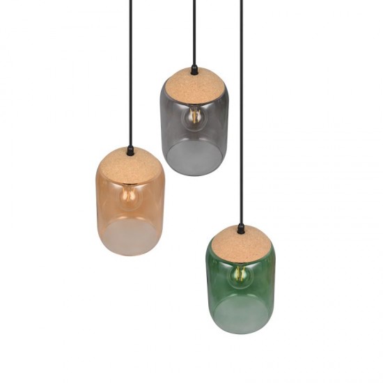 77355-049 Black 3 Light Cluster Pendant with Multicolour Glass & Cork
