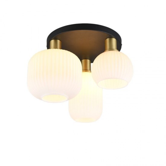 77381-049 Black & Matt Brass 3 Light Semi Flush with Ribbed White Glass