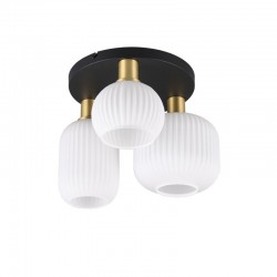 77381-049 Black & Matt Brass 3 Light Semi Flush with Ribbed White Glass