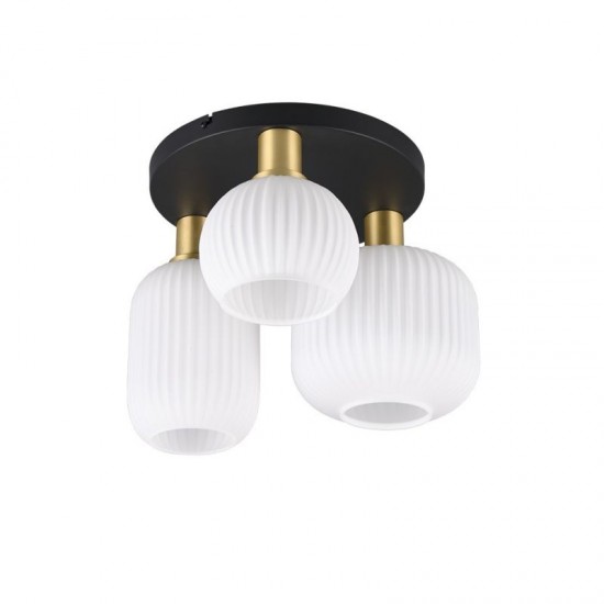 77381-049 Black & Matt Brass 3 Light Semi Flush with Ribbed White Glass
