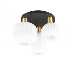77381-049 Black & Matt Brass 3 Light Semi Flush with Ribbed White Glass