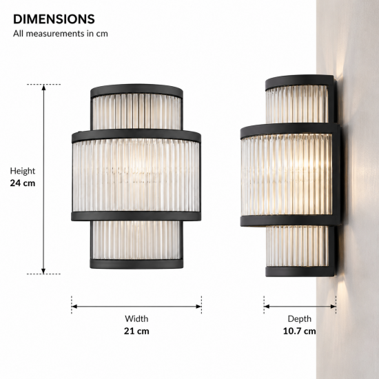 Monaco WBK - Matt Black 2 Light Wall Lamp with Clear Glass Rods