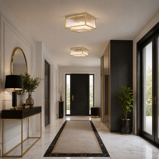 Monte Carlo 3 - Matt Gold 4 Light Square Flush with Clear Glass Rods