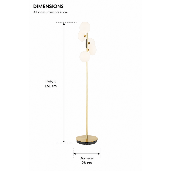 Chicago FL - Brushed Brass 5 Light Floor Lamp with White Opal Glass