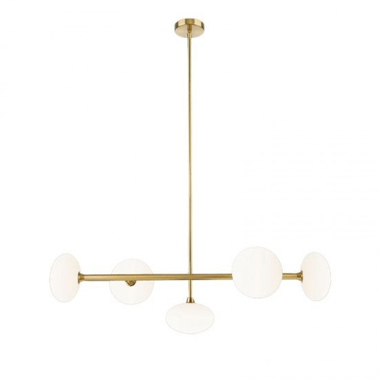 Chicago 3 - Brushed Brass 5 Light over Island Fitting with White Opal Glass