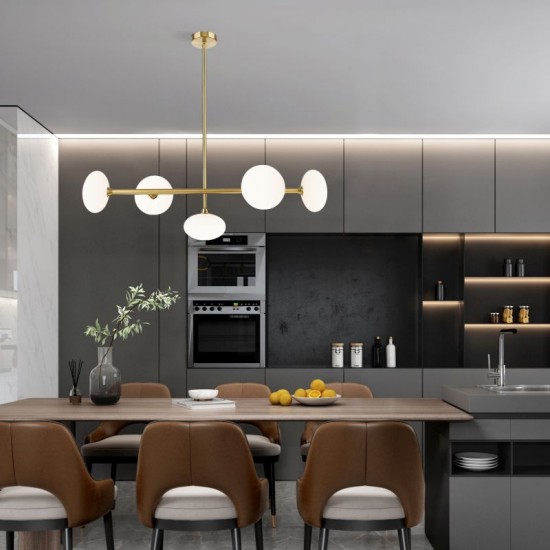 Chicago 3 - Brushed Brass 5 Light over Island Fitting with White Opal Glass