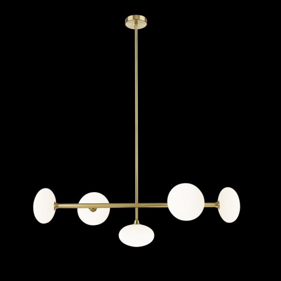 Chicago 3 - Brushed Brass 5 Light over Island Fitting with White Opal Glass