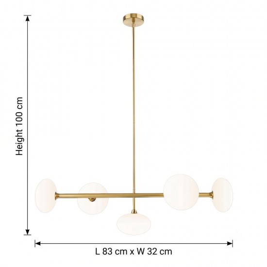 Chicago 3 - Brushed Brass 5 Light over Island Fitting with White Opal Glass