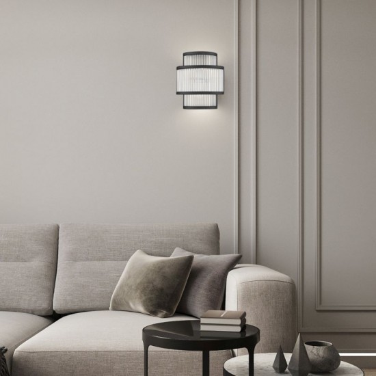 Monaco WBK - Matt Black 2 Light Wall Lamp with Clear Glass Rods