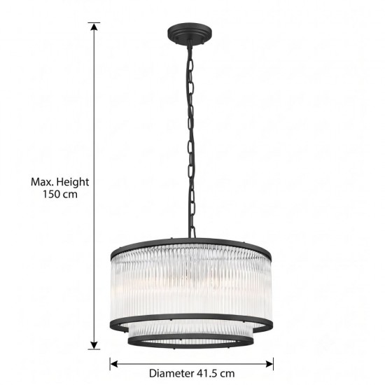 Monaco 4BK - Matt Black 5 Light Pendant with Clear Glass Rods