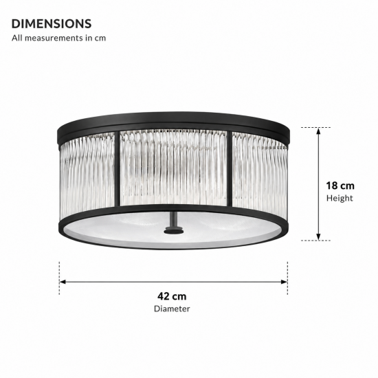 Monte Carlo 1 - Matt Black 5 Light Flush with Clear Glass Rods & Diffuser