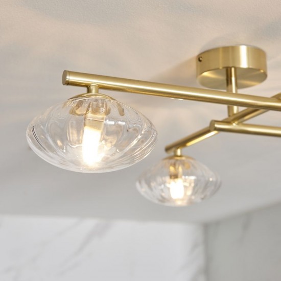 64846-100 Satin Brass 4 Light Ceiling Lamp with Clear Ribbed Glasses