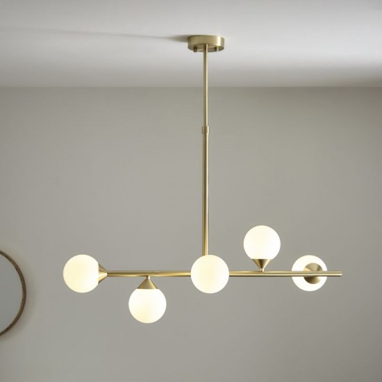 69332-100 Satin Brass 5 Light over Island Fitting with White Glasses