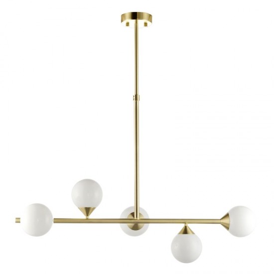 69332-001 Satin Brass 5 Light over Island Fitting with White Glasses