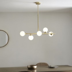 69332-001 Satin Brass 5 Light over Island Fitting with White Glasses