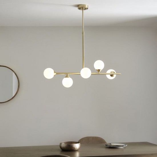 69332-001 Satin Brass 5 Light over Island Fitting with White Glasses