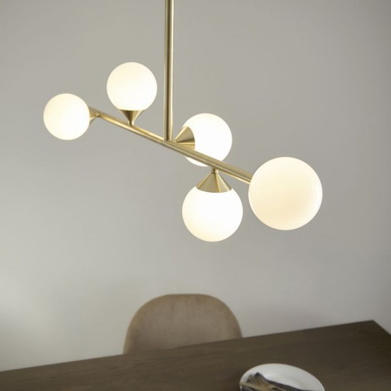 69332-001 Satin Brass 5 Light over Island Fitting with White Glasses