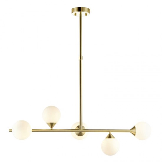 69332-001 Satin Brass 5 Light over Island Fitting with White Glasses