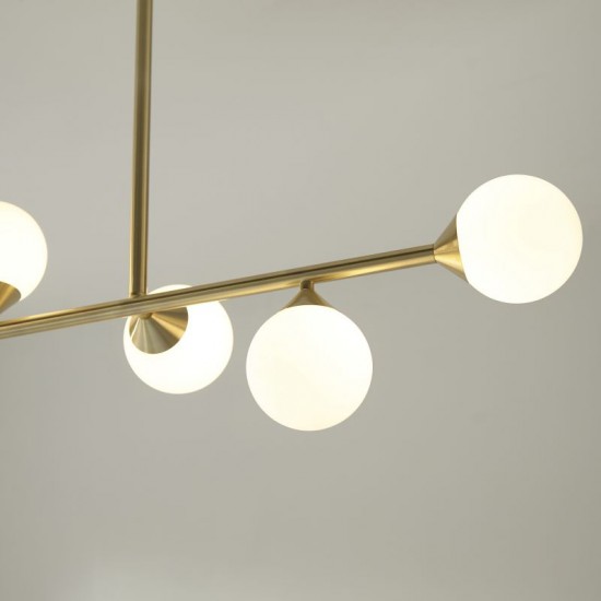 69332-001 Satin Brass 5 Light over Island Fitting with White Glasses