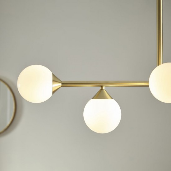 69332-001 Satin Brass 5 Light over Island Fitting with White Glasses