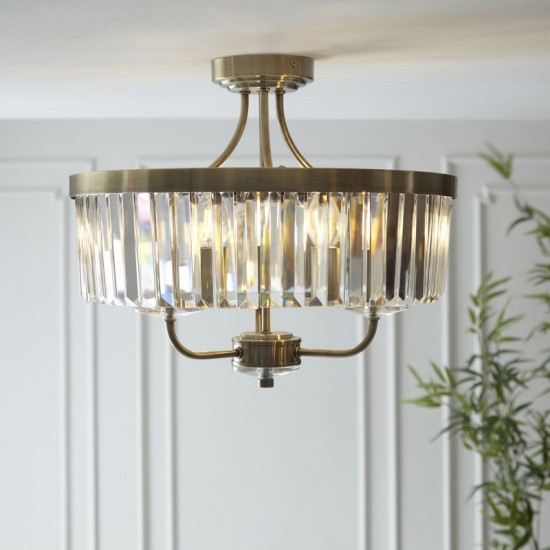 69336-100 Antique Brass 3 Light Ceiling Lamp with Clear Crystal