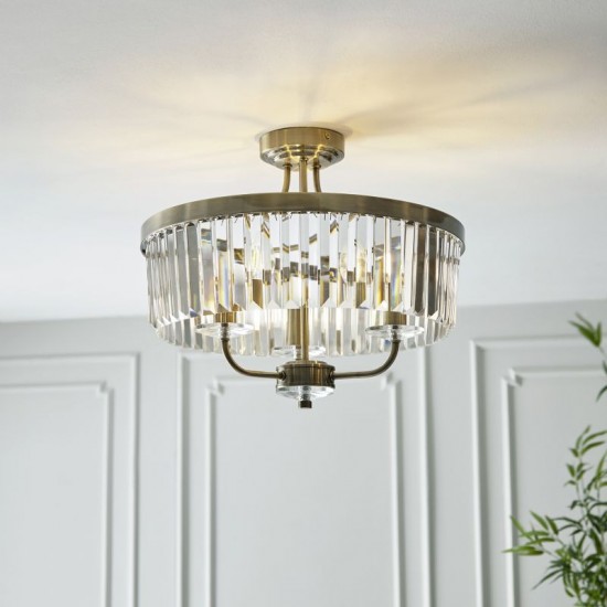 69336-100 Antique Brass 3 Light Ceiling Lamp with Clear Crystal