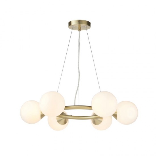 71717-100 Satin Brass 6 Light Centre Fitting with Gloss White Glasses