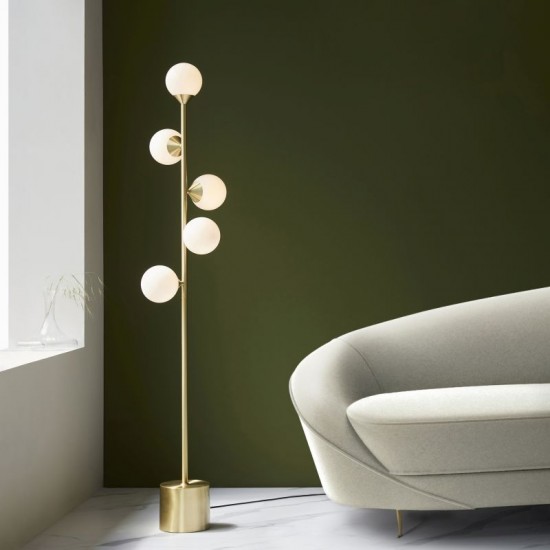 71731-100 Satin Brass 5 Light Floor Lamp with Gloss White Glasses