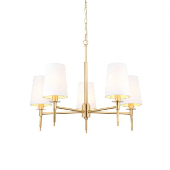 67497-100 Satin Brass 5 Light Centre Fitting with Vintage White Shades
