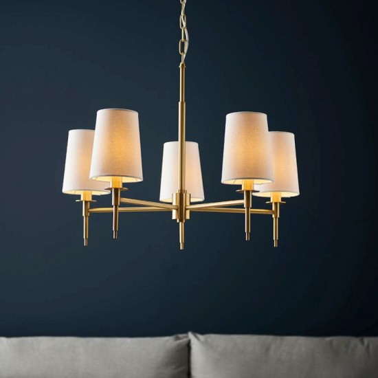 67497-100 Satin Brass 5 Light Centre Fitting with Vintage White Shades