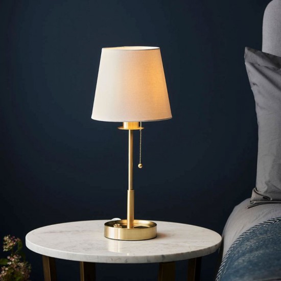 67501-100 Satin Brass Table Lamp with Vintage White Shade
