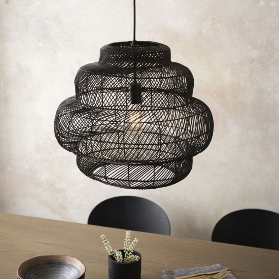 67532-001 Matt Black Pendant with Black Rattan Shade