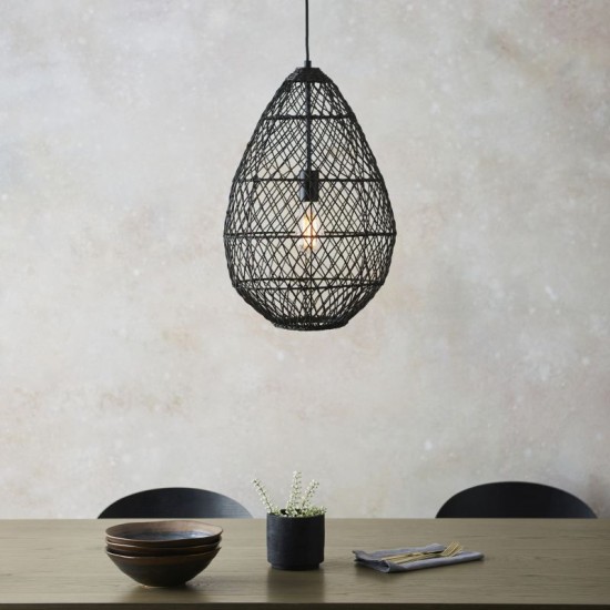 67533-001 Matt Black Pendant with Black Rattan Shade