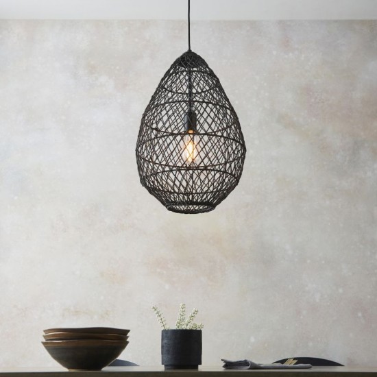 67533-001 Matt Black Pendant with Black Rattan Shade