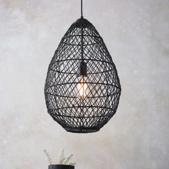 67533-001 Matt Black Pendant with Black Rattan Shade