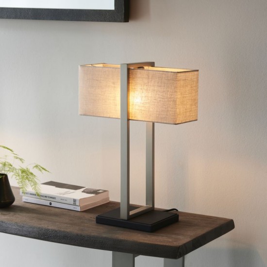 64827-100 Satin Nickel & Black Table Lamp with Natural Linen Shade