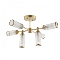 63763-100 Satin Brass 6 Light Semi Flush with Ribbed Glasses