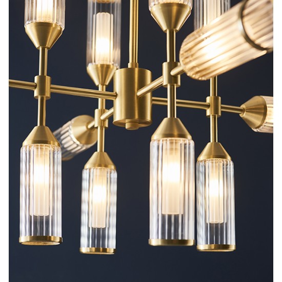63764-100 Satin Brass 12 Light Centre Fitting with Ribbed Glasses