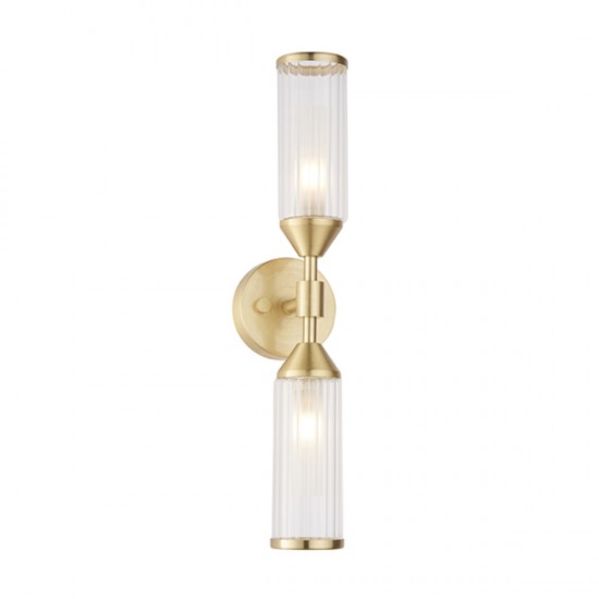 63765-100 Satin Brass 2 Light Wall Lamp with Ribbed Glasses