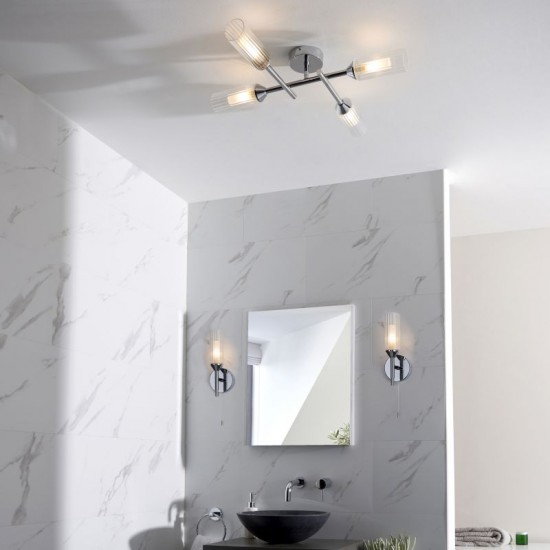 66152-001 Chrome 4 Light Ceiling Lamp with Ribbed Glasses