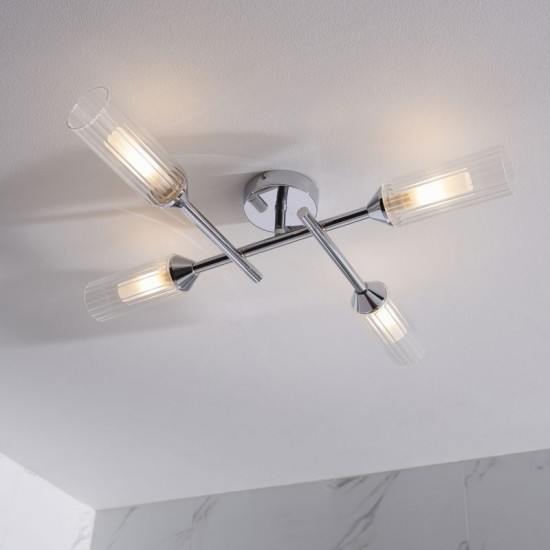 66152-001 Chrome 4 Light Ceiling Lamp with Ribbed Glasses