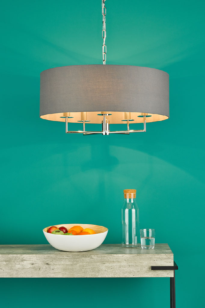 Chrome hanging pendant with grey fabric shade selected for spare bedroom