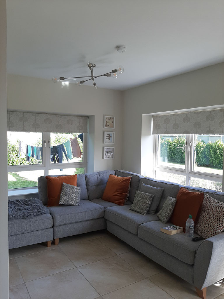 Sitting room in Mayo new build with satin chrome semi-flush ceiling light