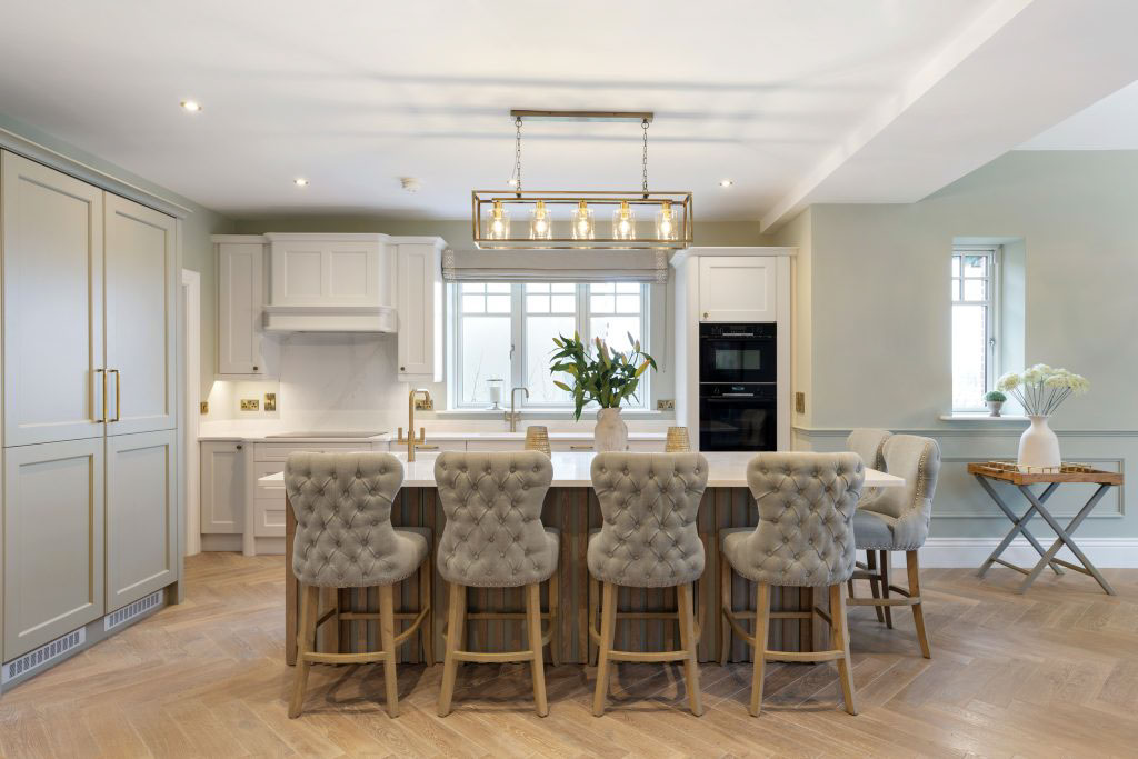 Showhome 1 kitchen island with classic contemporary pendant lighting in Enniskerry Wicklow