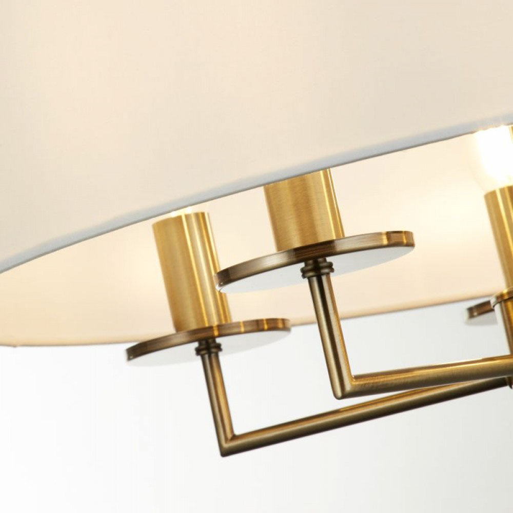 20894-006 antique brass five light pendant with white fabric shade from Bright Lights